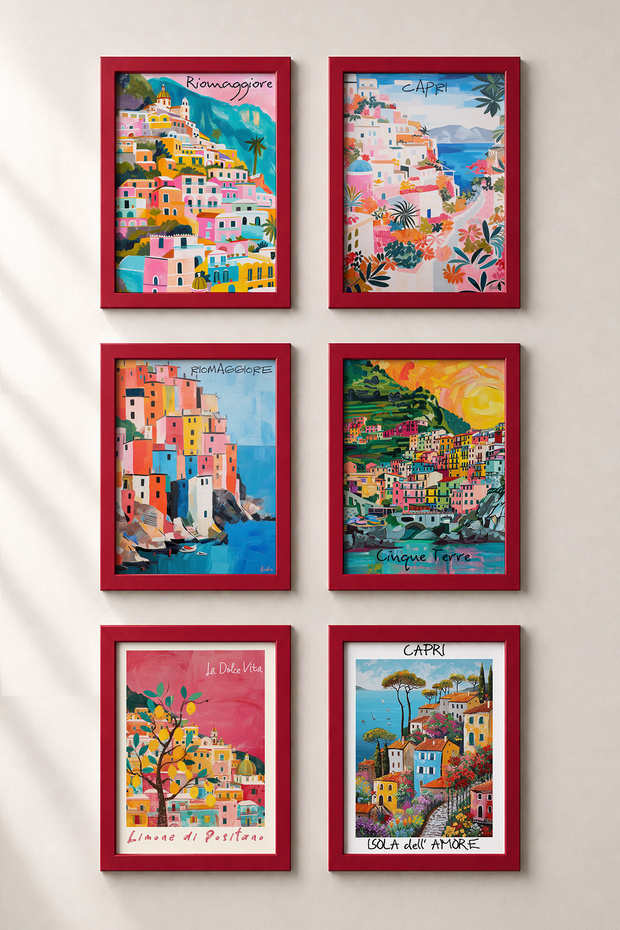 6 Piece Colorful Hillside Houses Framed Painting Set Italy Posters Wall Decor Sixit17