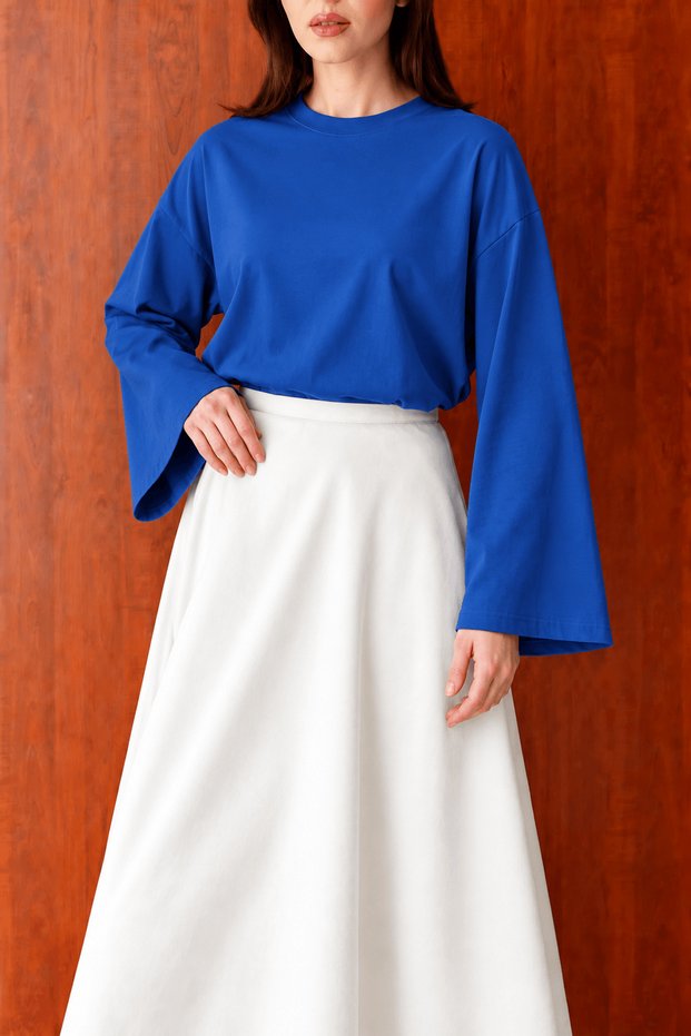 Crew Neck Wide Sleeve Blouse - 13072 - Saks Blue