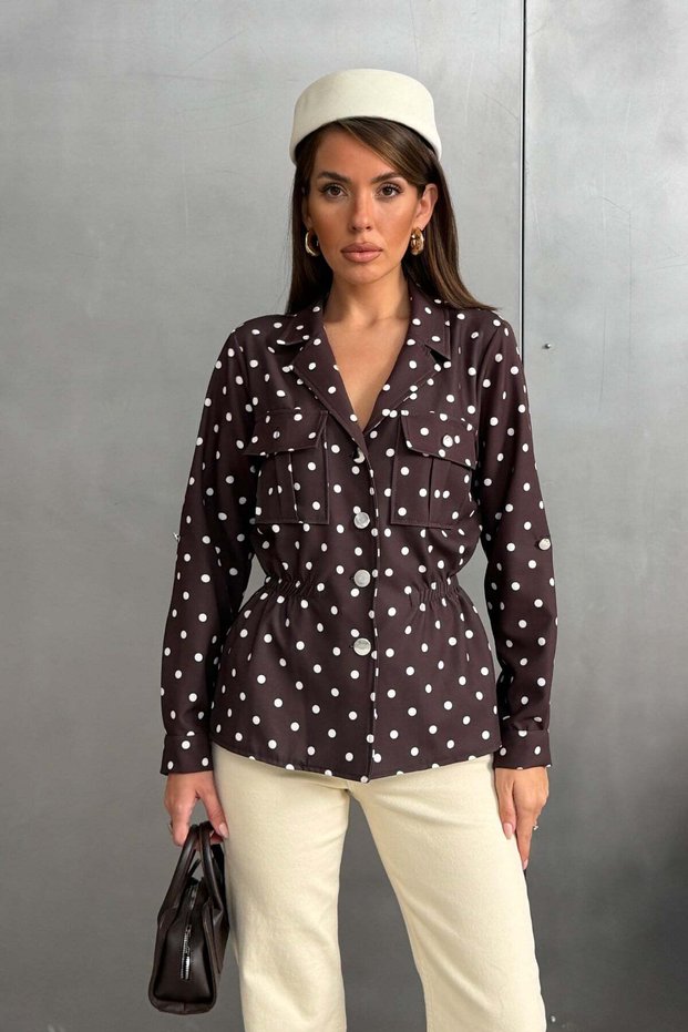 Women's Brown White Polka Dot Double Pocket Elastic Waist Shirt Blouse