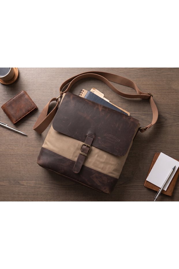 Genuine Leather Waxed Canvas Unisex Postman Shoulder Bag – Daily Use Office Tablet Waterproof – 7197