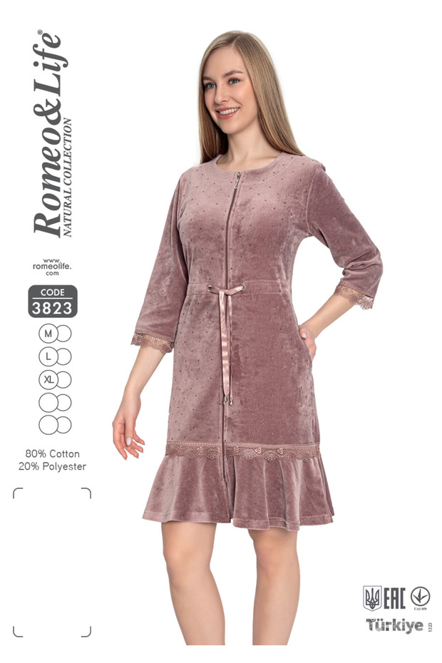 Women's Cotton Velvet Zipper Pocket Lace Long Sleeve Dress 3823