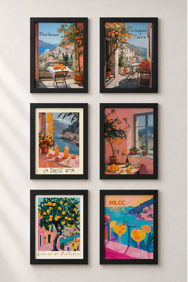 6 Piece Orange Trees Terraces Framed Painting Set Italy Posters Wall Decor Sixit09