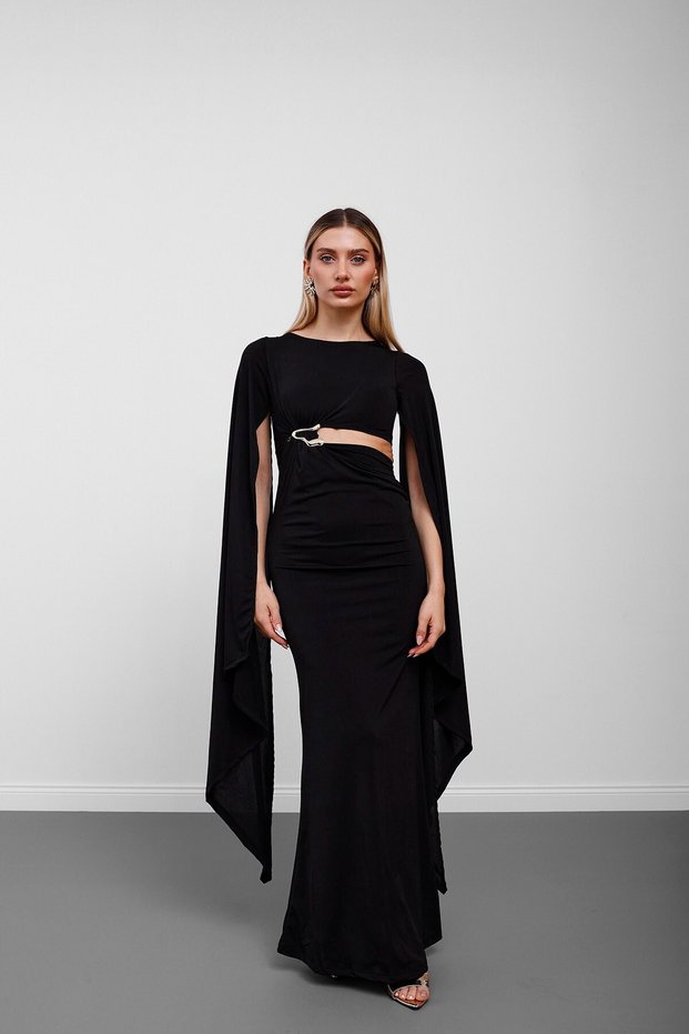 Black low-cut batwing sleeve maxi dress