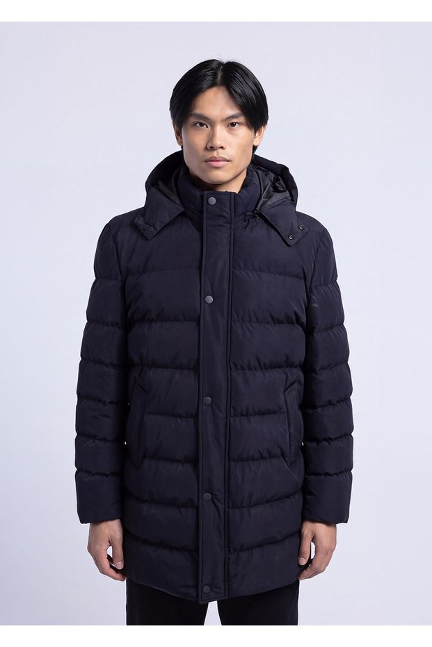 Men's Slim Fit Hooded Navy Blue Coat