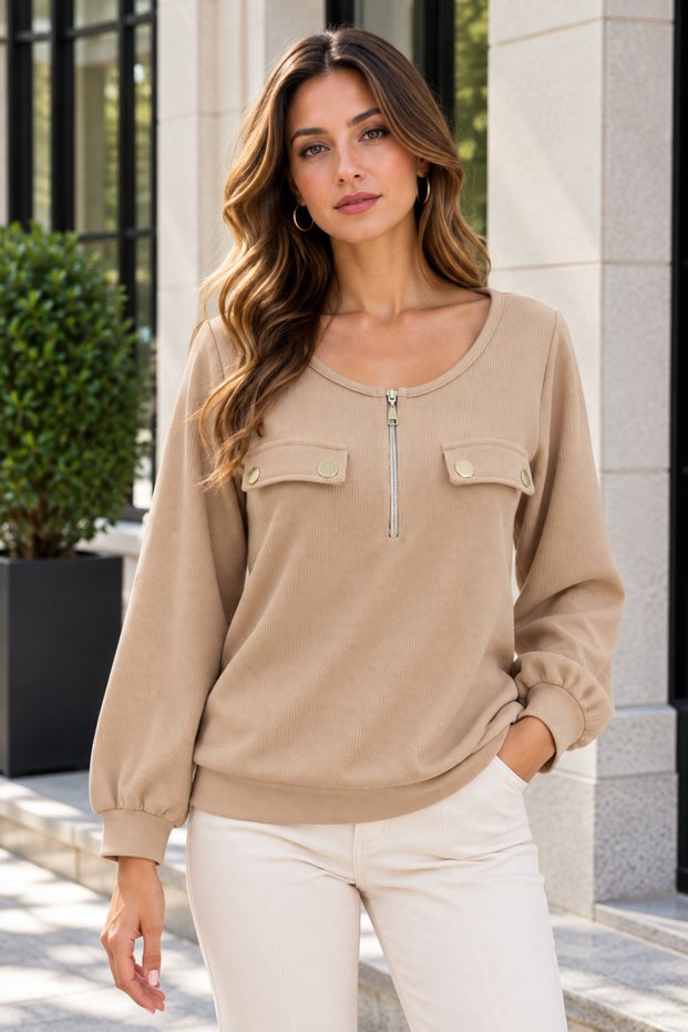 Timeless Elegance - Women's Gold Button Detailed Long Sleeve Zippered Waffle Blouse