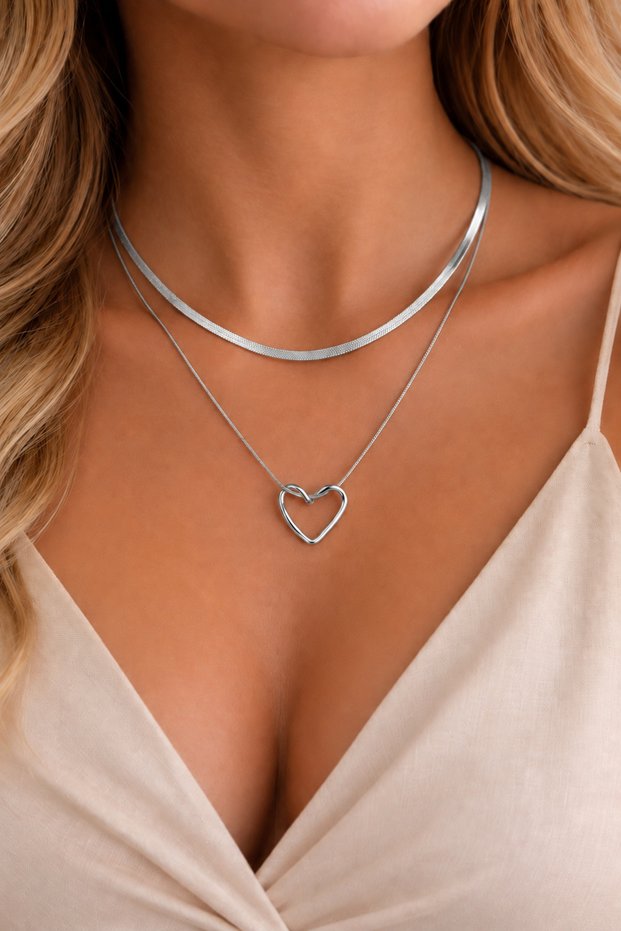 Silver Flat Italian Steel Chain and 2-Piece Women's Necklace Set
