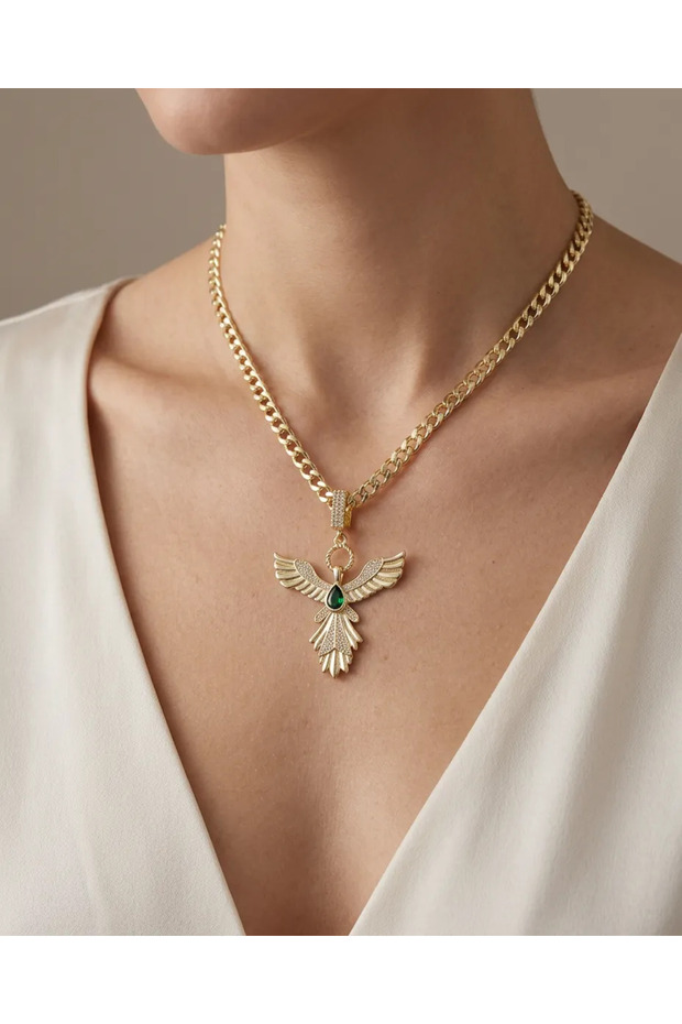 Kbc Gold Green Stone Phoenix Figured Chain Necklace