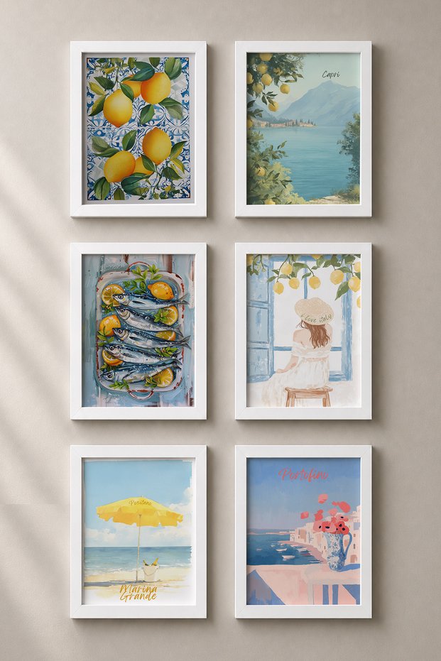 6 Piece Lemon Branches and Capri Framed Painting Set Italy Posters Wall Decor Sixmx34