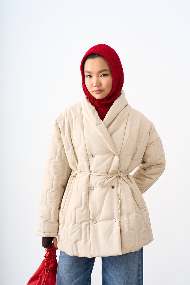 Women's Snap Detail Tied Quilted Coat Stone