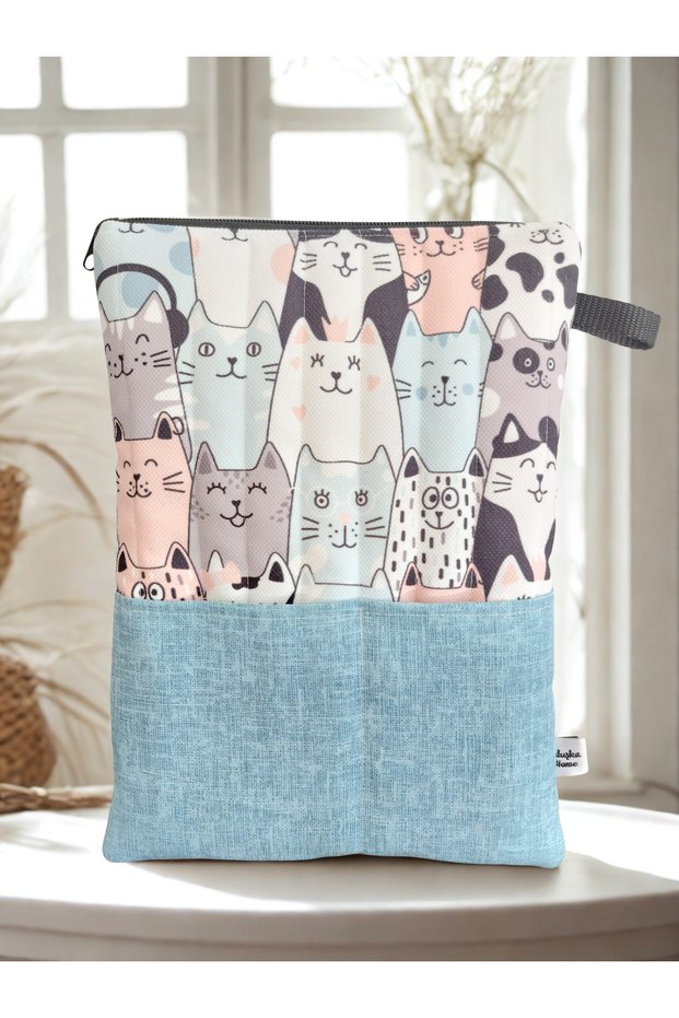 Home Zippered, Waterproof Lined, Fiber-Protected Book Cover (Blue Cat)