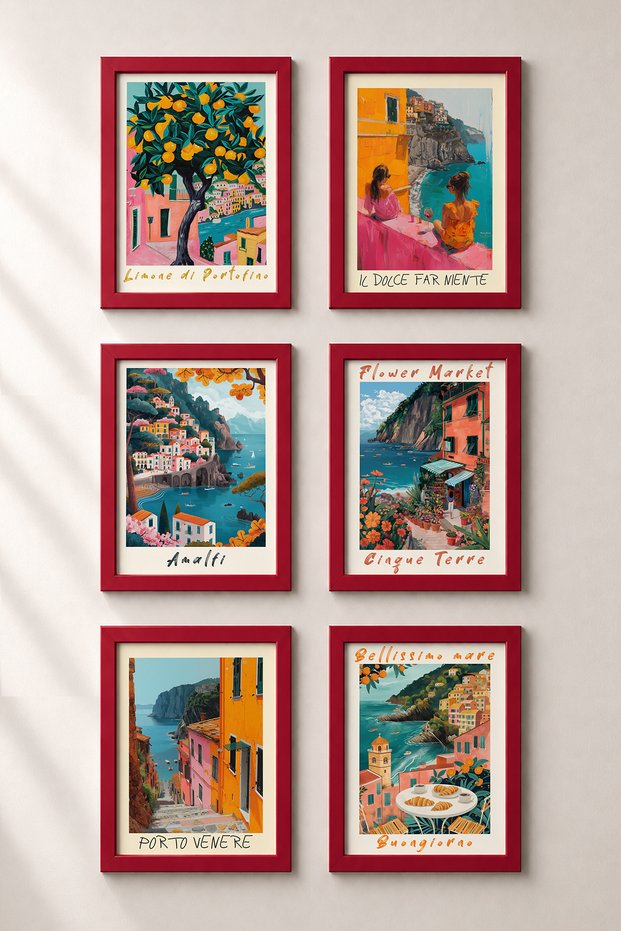 6 Piece a Day in the Riviera Framed Painting Set Italy Posters Living Room Kitchen Gallery Wall Sixmx18