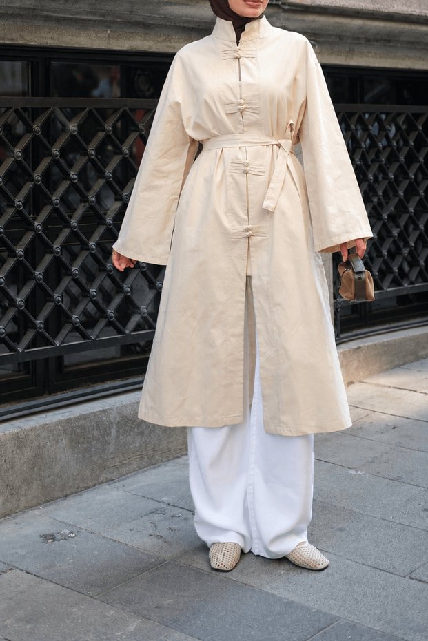 Chinese Knotted Oversize Long Tunic with Pockets - 61615 - Stone