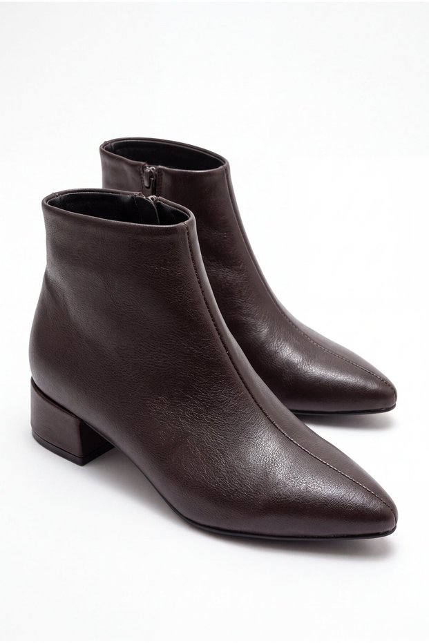 Velar women's brown leather pointed-toe low block heel side-zip ankle boots - 4 cm heel