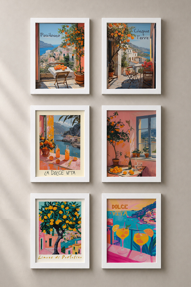 6 Piece Orange Trees Terraces Framed Painting Set Italy Posters Wall Decor Sixit09
