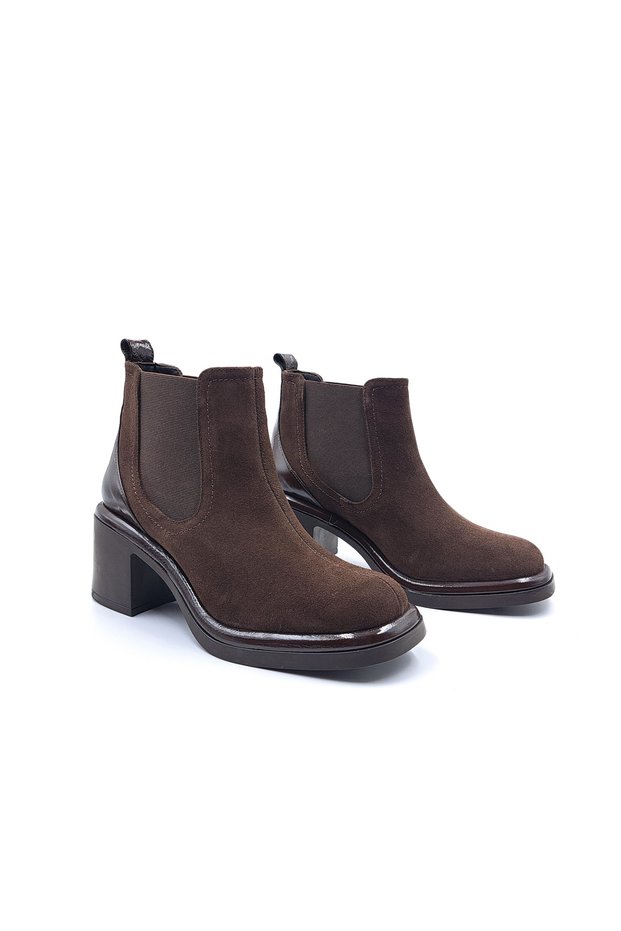 Genuine Suede Leather Brown 5 cm Thick Heeled Women's Chelsea Boots