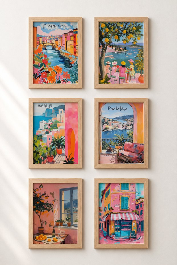 6 Piece Florence to Portofino Framed Art Set Italy Posters Wall Decor Sixmx06