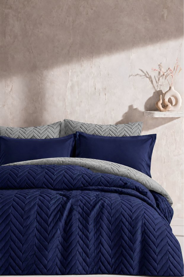 Double-Sided Quilted Double Bedspread Set Dark Blue