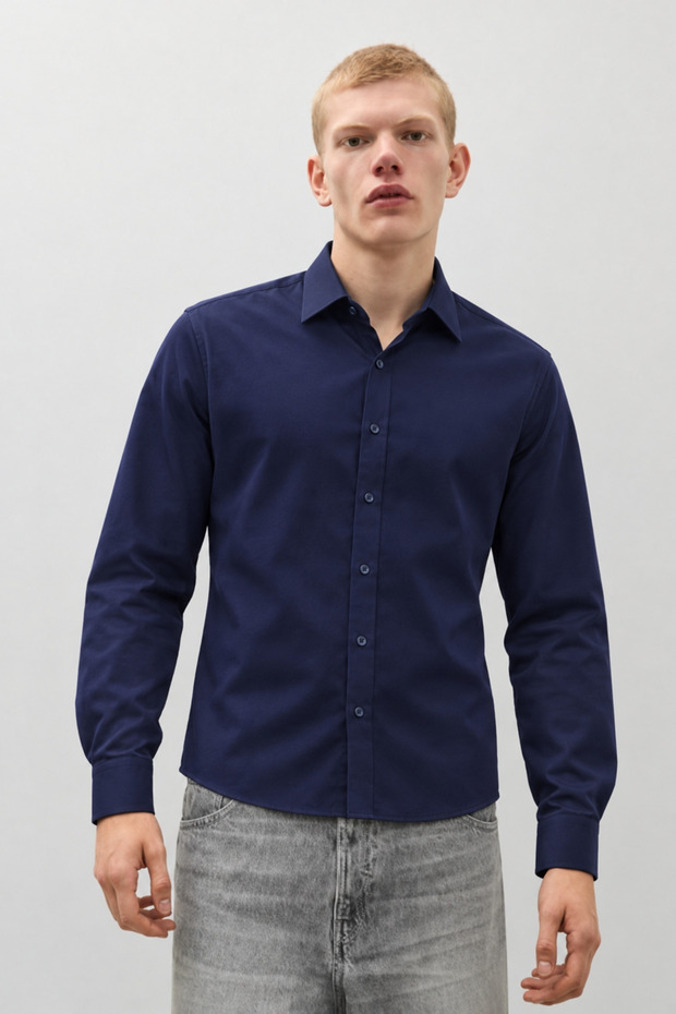 Men's Classic Collar Casual Navy Blue Shirt