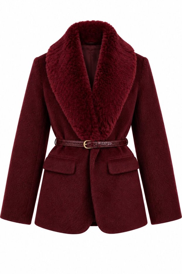 Burgundy Fur Collar Plush Jacket - 9688
