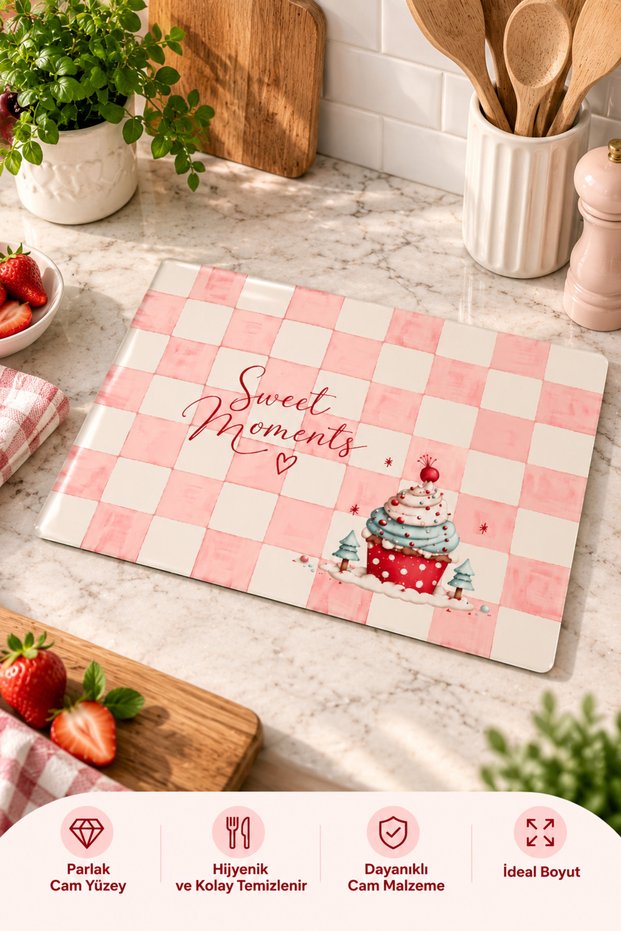 Glass Cutting Board Sweet Moments Powder Pink Checkered Cupcake Themed - Glass Cutting Board | 30cm X 40cm