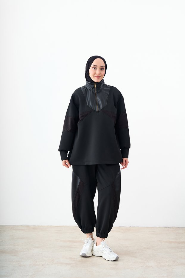 Women's Scuba Leather Detail Tracksuit Set Black