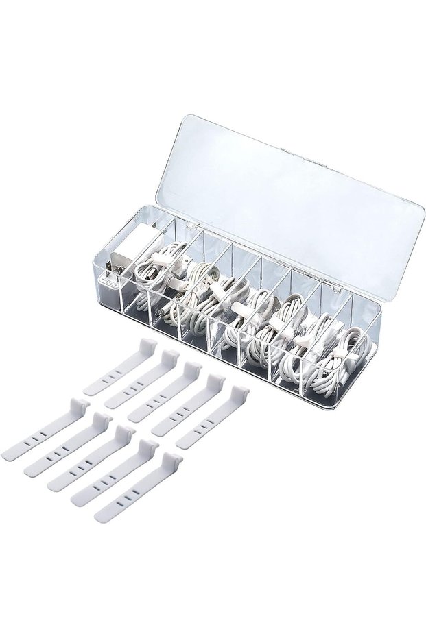 Charging Cable Management Box, Includes 10 Reusable Cable Ties, Transparent Plastic Cable Organizer,