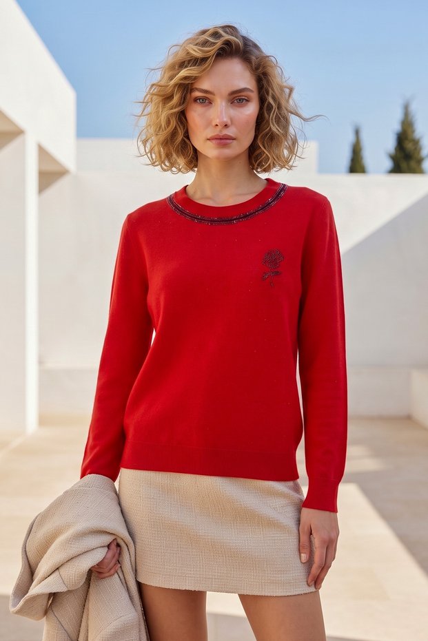 Red Crew Neck Long Sleeve Collar with Stone Detail, Glitter Stone and Rose Emblem Casual Knitwear Sweater 63 62