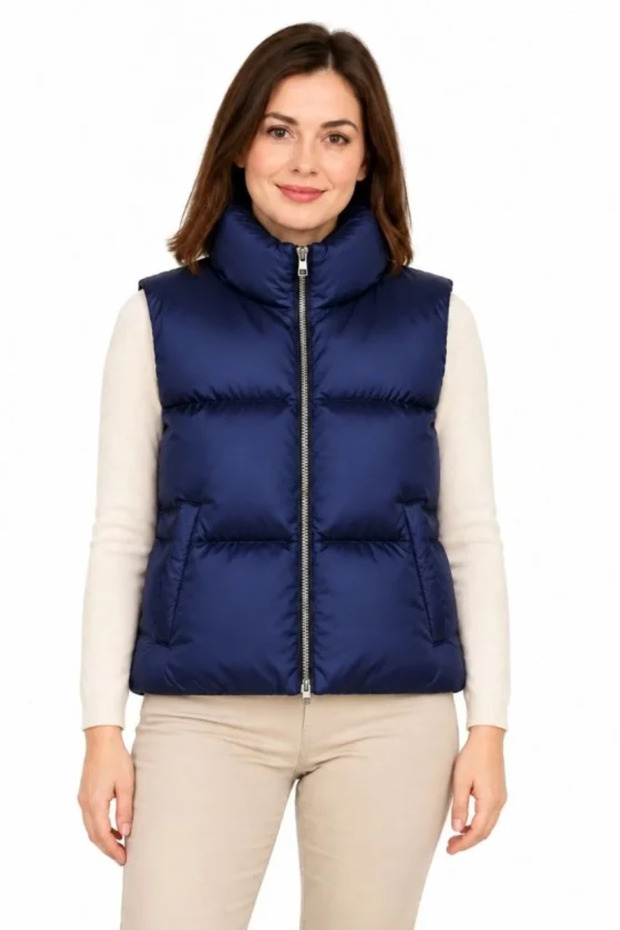 Stand collar satin lined zippered pocket long back oval cut puffer vest - navy blue
