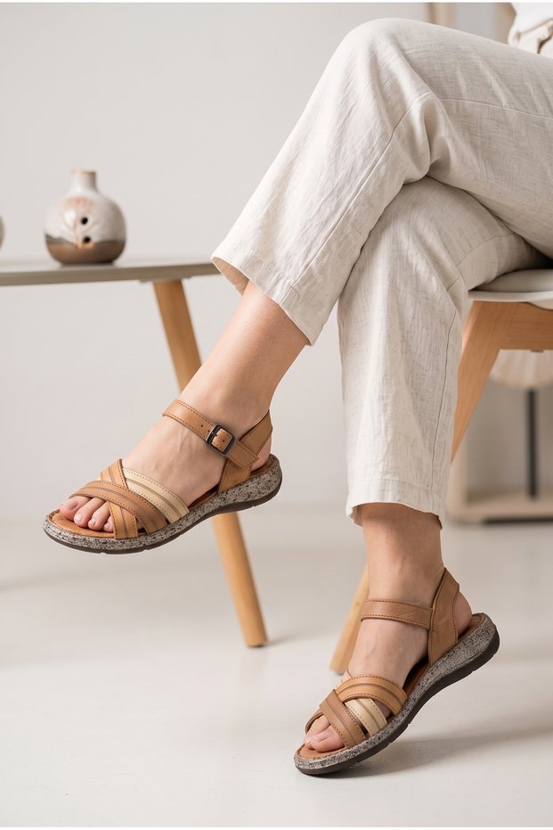 Women's Genuine Leather Cross-Strap Buckle Comfort Sandals Thick Sole