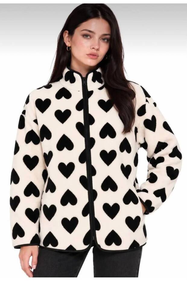 Women's Black Patterned Fleece Jacket with Zipper Pockets