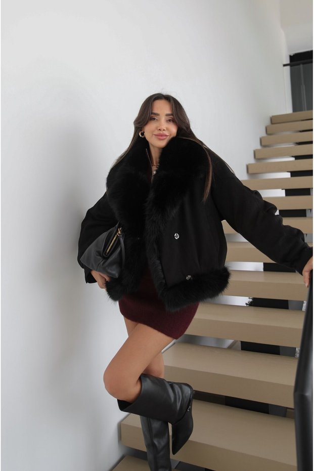 Black Fur Coat with Snap Closure