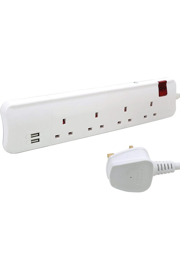 وصلة تمديد كهربائية متعددة المنافذ بمعيار بريطاني مع منفذين USB ومؤشر LED، طول الكابل 3 أمتار، لون أبيض