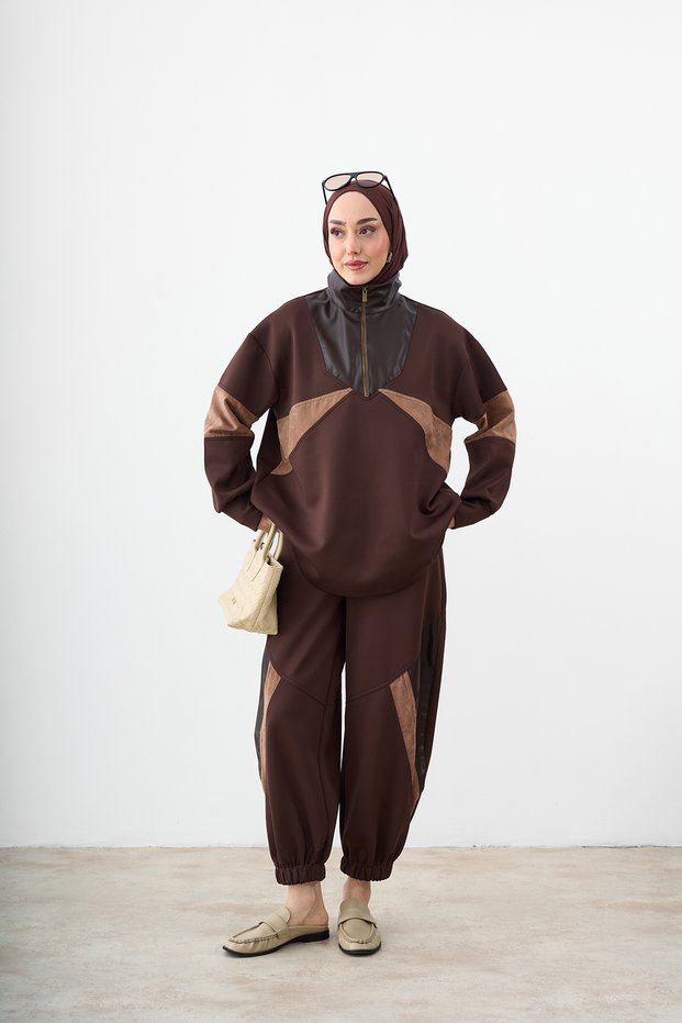 Women's Scuba Leather Detail Tracksuit Set Brown