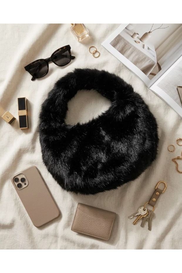 Black Plush Women's Clutch Bag—Soft, Fur-Lined Mini Shoulder Bag CANEDR08