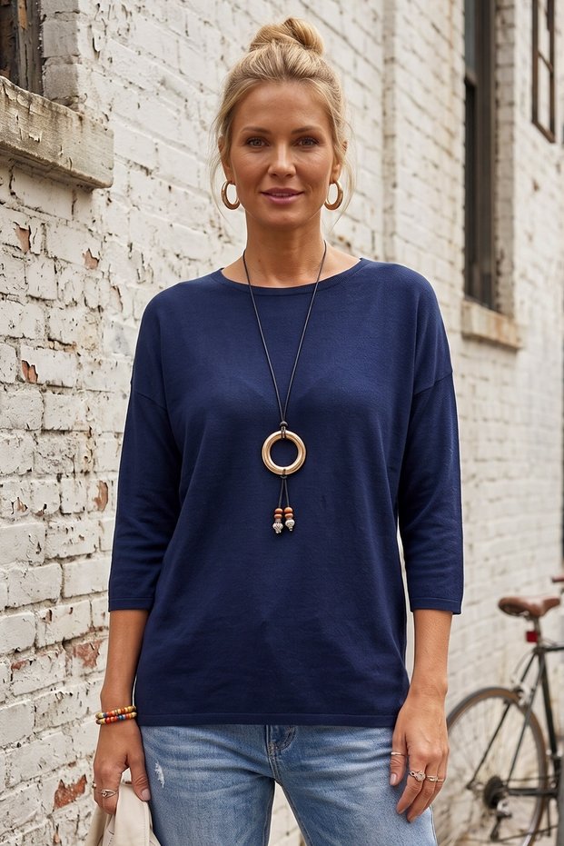 Navy Blue Boat Neck 3/4 Sleeve Thin Collar Casual Basic Knitwear Sweater 67 64
