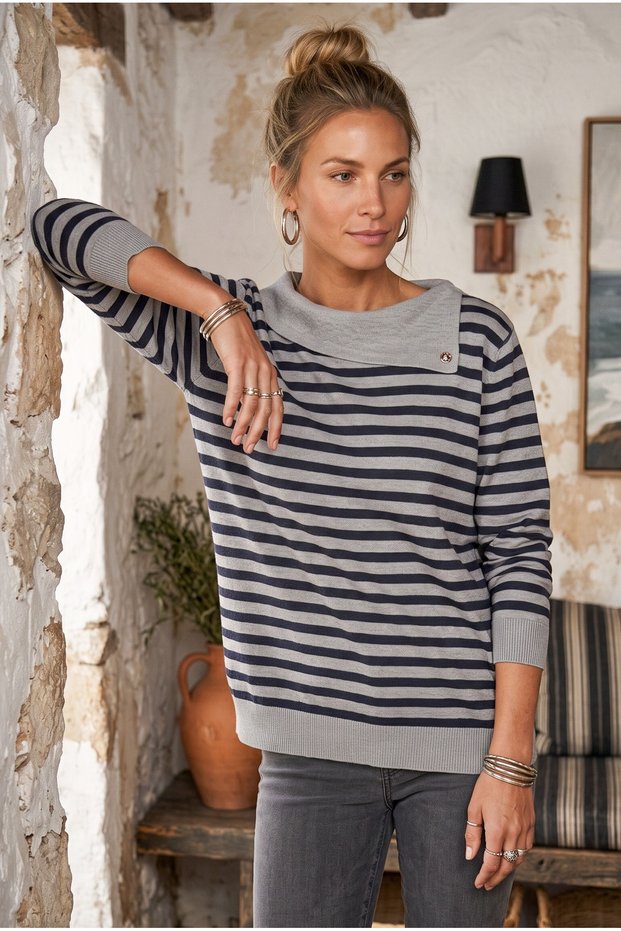 Gray Melange Asymmetric Collar Long Sleeve Striped Ribbed Hem Casual Knitwear Sweater 60 58