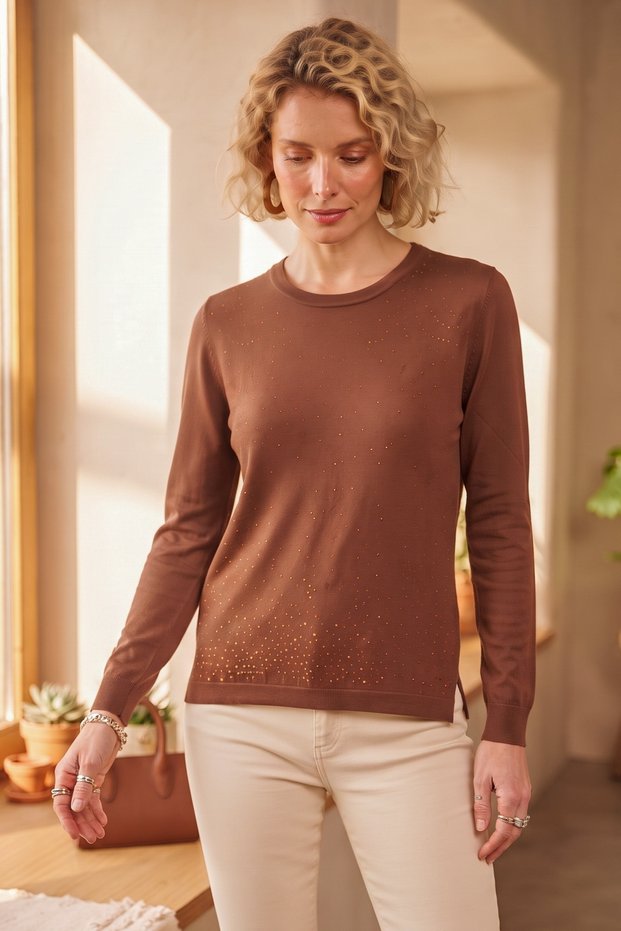 Light Brown Round Neck Long Sleeve Stoned Slit Casual Knitwear Sweater 60 58