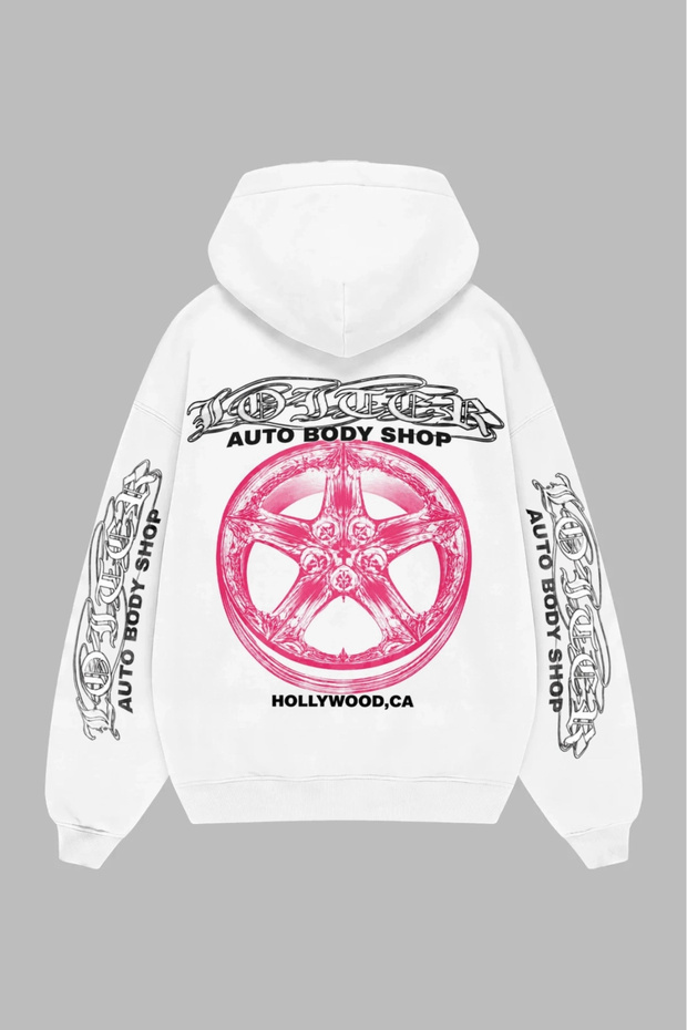 Classic Wheel Printed Oversize Unisex White Hoodie