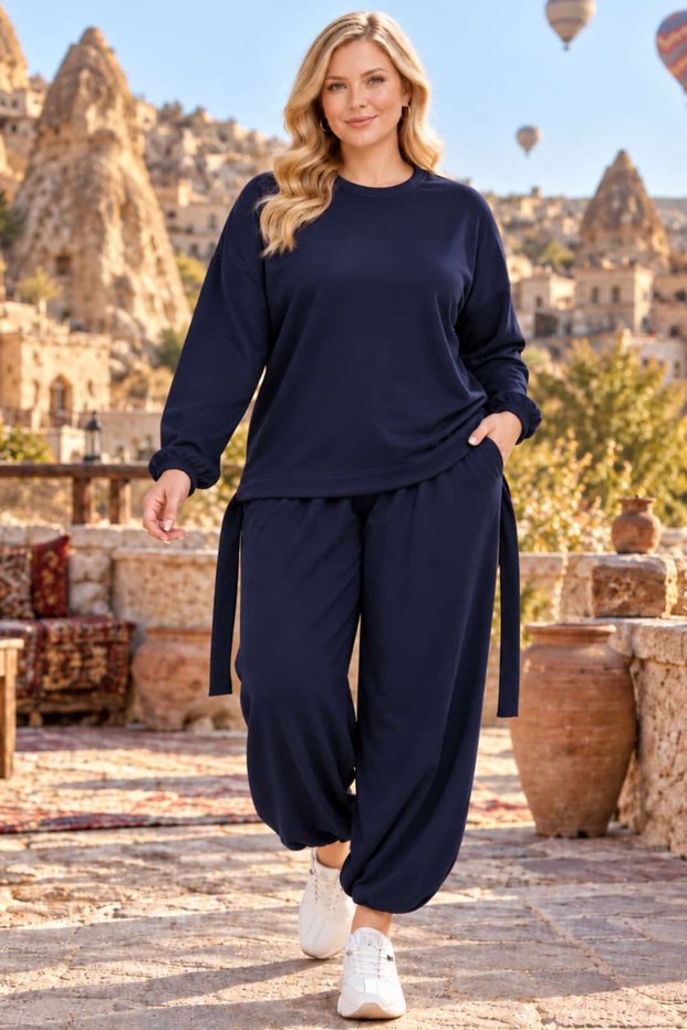 Plus Size Women's Side Tie Detailed Relaxed Fit Blouse and Pants Two-Piece Set