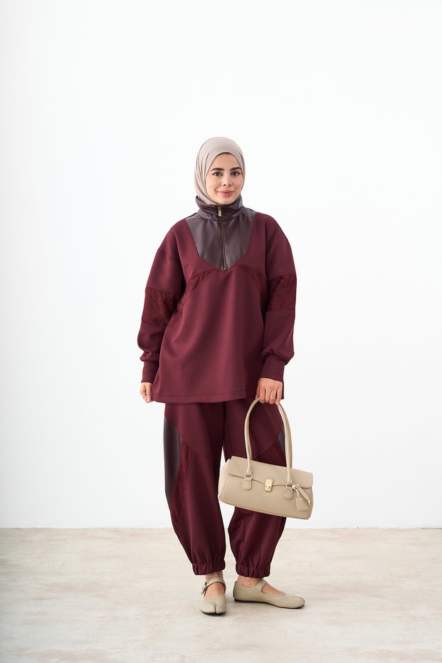 Women's Scuba Leather Detailed Tracksuit Set Claret Red
