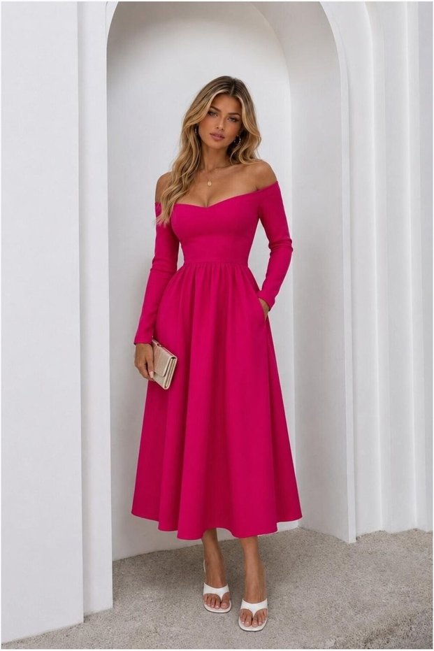 Kayık Long Evening Dress Midi Sleeve Collar Dress