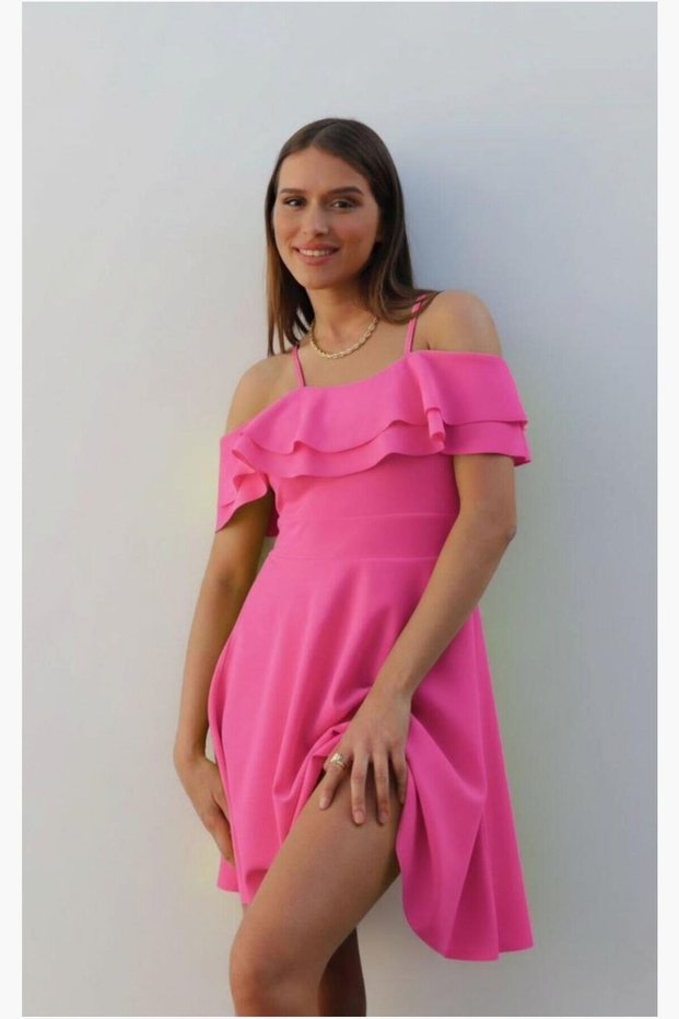Crepe Evening Dress with Flounces and Fabric Straps