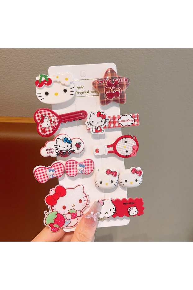 opp bag 5 Hello Kitty Hair Clip Set - Kawaii Acrylic Cat Head & Fruit Pattern Hairpins for Girls, Cu