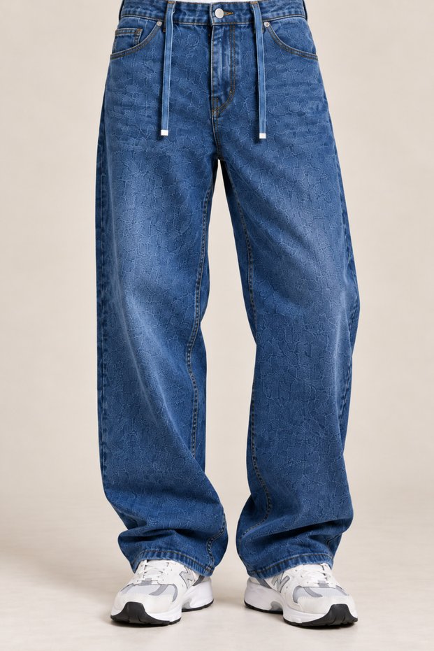Men's Patterned Baggy Fit Wide Leg Jean Pants Relaxed Cut High Denim Jeans
