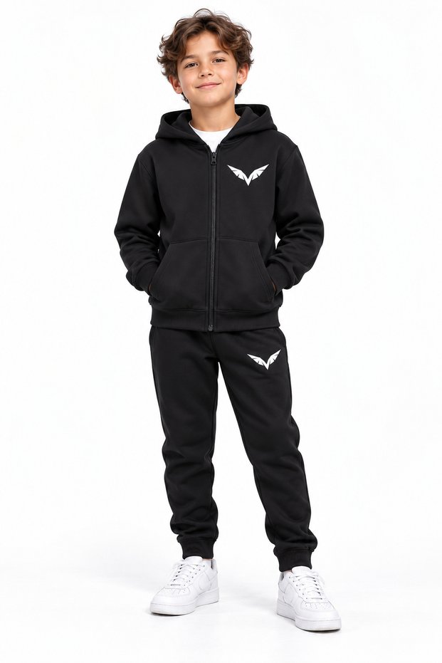 Black Zippered Children's Tracksuit Set with Wing Figures, Age 9