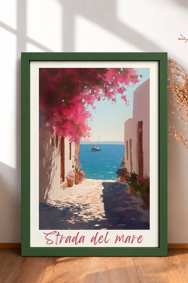 Strada Del Mare Written with Letters Begonvilli Street Framed Painting Italy Poster Wall Decor Itn025
