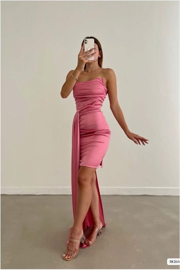 Satin Strapless Evening Dress Midi Fabric Slit Dress