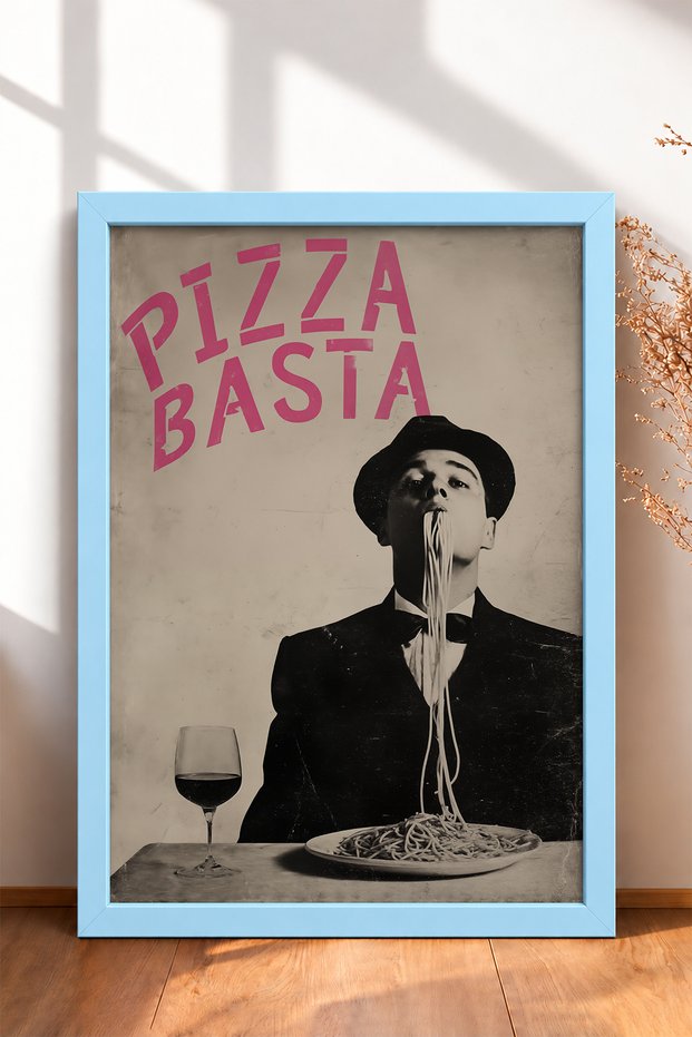 Pizza Basta Written Spaghetti Eating Man Framed Painting Italy Poster Wall Decor Itn038
