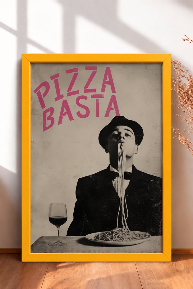 Pizza Basta Written Spaghetti Eating Man Framed Painting Italy Poster Wall Decor Itn038
