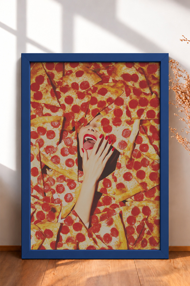 Laughing Woman between Pizza Slices Framed Painting Italy Poster Living Room Kitchen Wall Decor Itn040